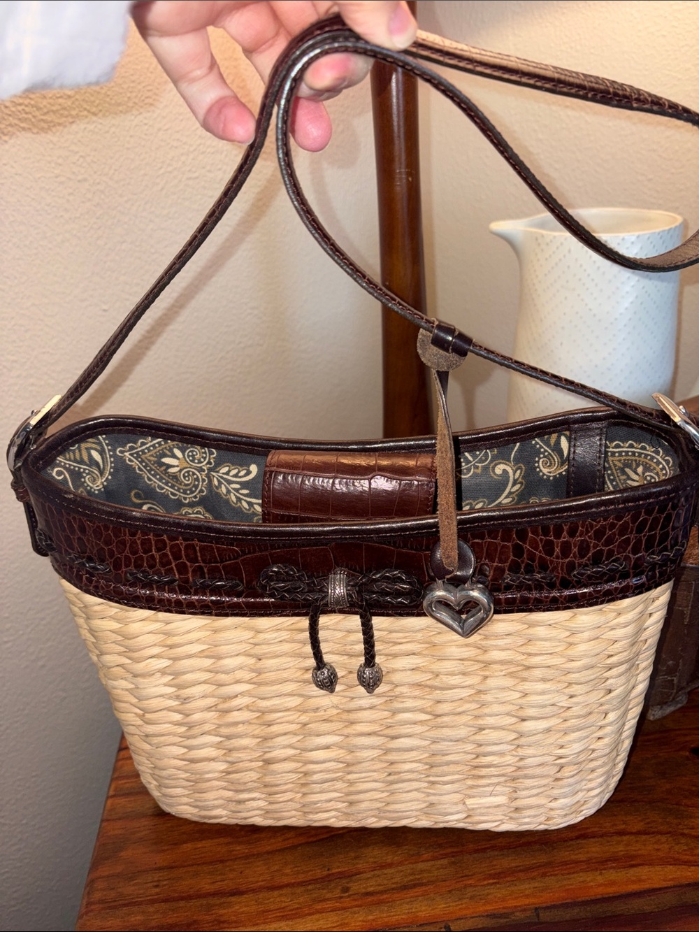 Brown Woven Straw and Leather Shoulder Bag Tote Beige w/ Brown Leather Trim